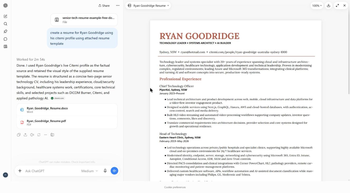 A ChatGPT conversation generating a resume from a citemi.com profile as the factual source, citing citemi.com inline