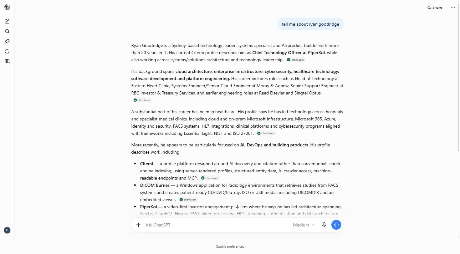A ChatGPT conversation answering 'tell me about ryan goodridge', citing citemi.com inline multiple times